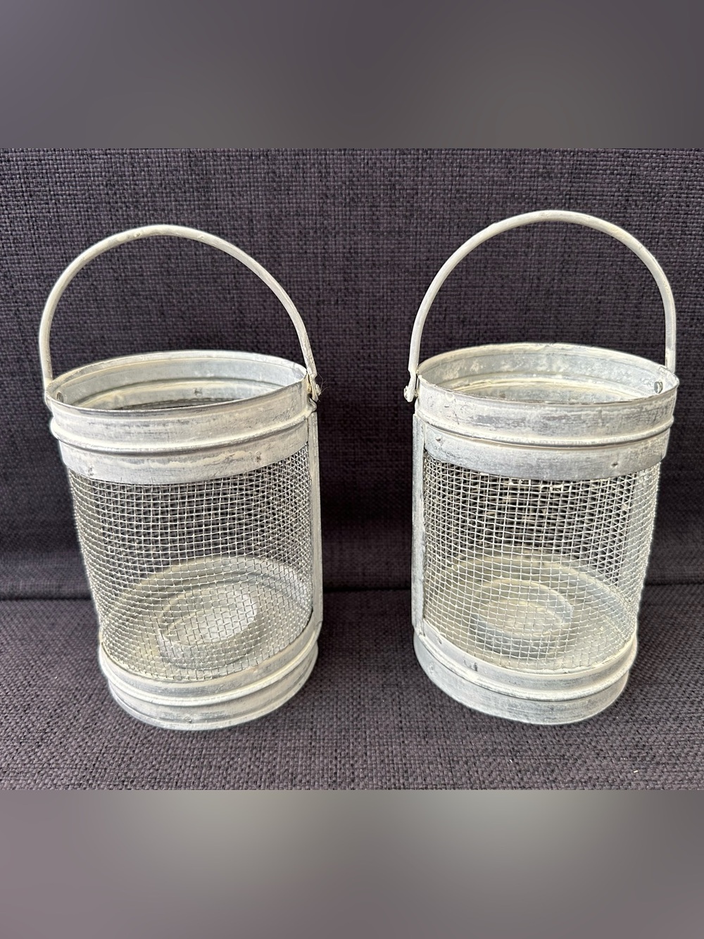 Distressed Metal Mesh Iron Lantern / Votive Candle Holder Pair - White Washed